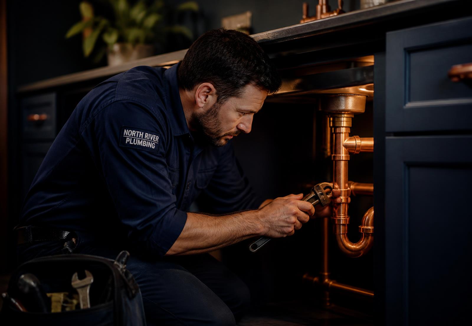 Alp Brothers plumber repairing copper pipes under a kitchen sink